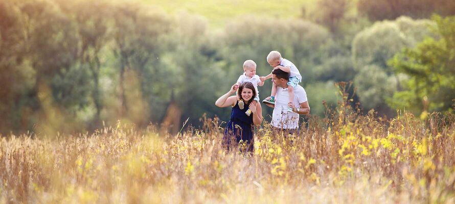 Paar mit 2 kleinen Kindern beim Spaziergang durch verblühte Blumenwiese